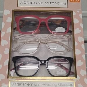 Adrienne Vittadini 3-Pack Reading Glasses in Pink, Clear, Black +2.50